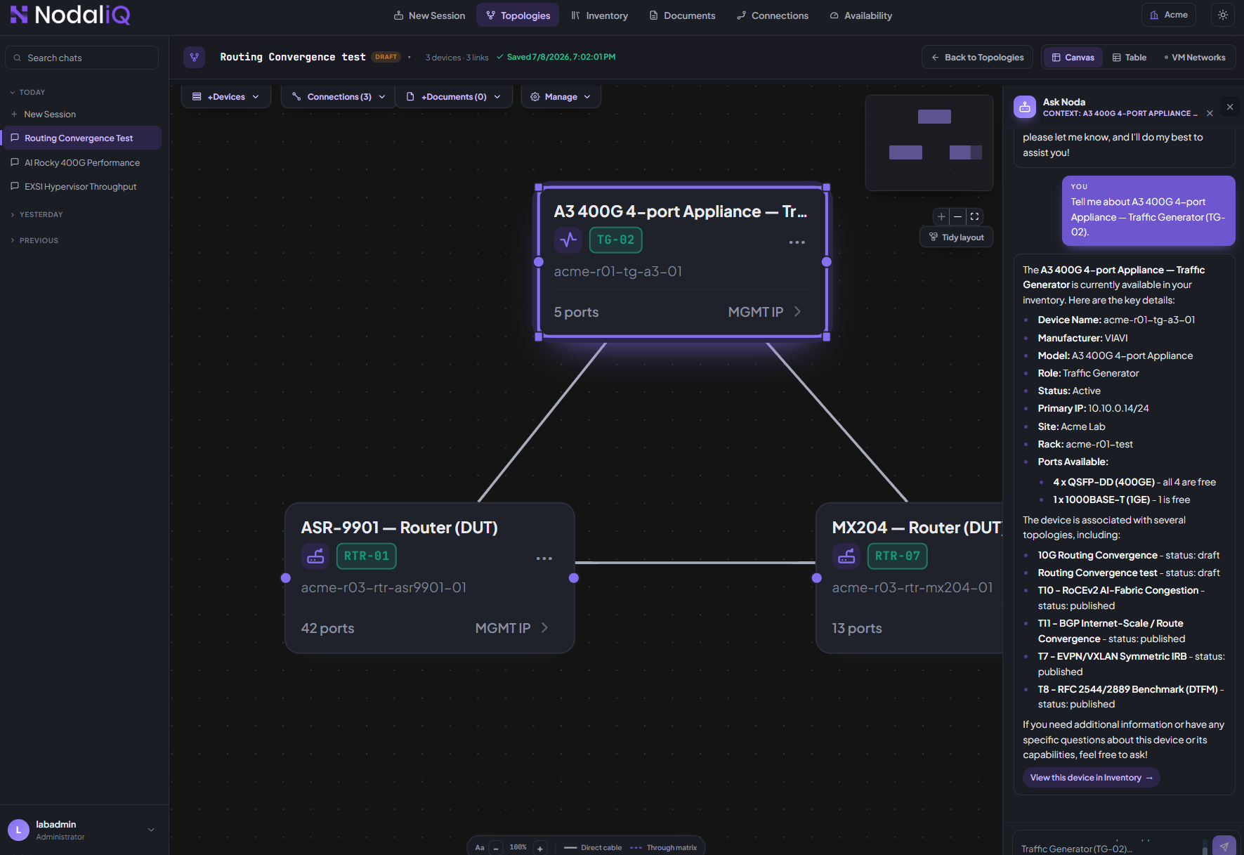 NodaliQ Ask Noda — a grounded, cited answer over the real lab, showing its live tool-step reasoning