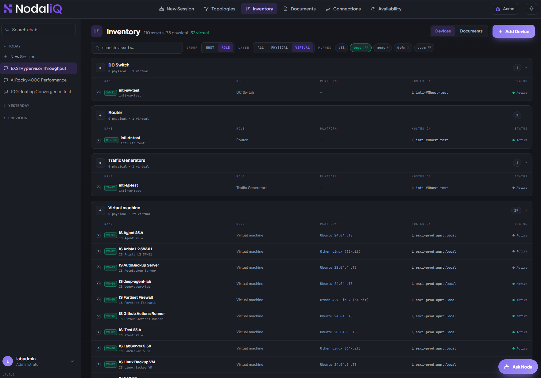 NodaliQ Inventory — a unified list of physical devices and virtual machines together, with status, type, platform, and where each is hosted