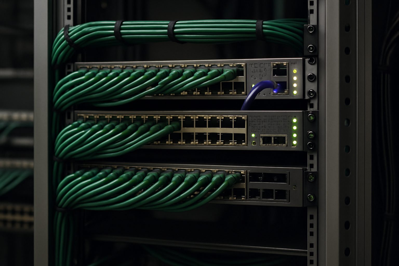 A tidy rack with neat green cabling and green status LEDs